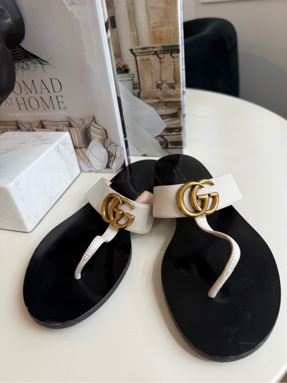 Gucci White and Black GG Marmont Thong Sandals
